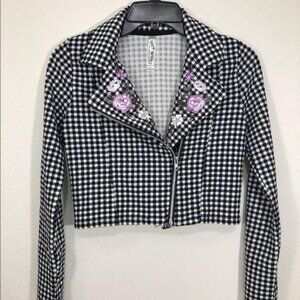 Knit works Little & girls jacket Size 14 Cropped Gingham With Floral Embroidery.